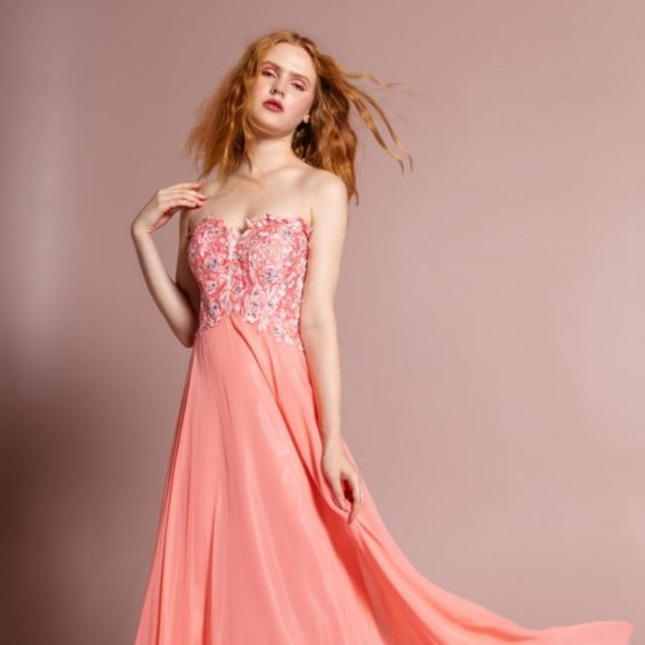 NEW LONG SLEEVELESS A-LINE STRAPLESS DRESS EMBROIDERED WITH RHINESTONES GL2049